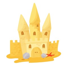Sand castle on the beach. Vector illustration isolated on white background