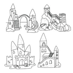 Set Sand castle Vector illustration isolated on white background. Simple illustration for coloring book