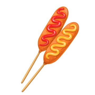 Corn dog vector icon. Sausage in dough on a stick with ketchup and mustard.