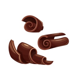 Chocolate shavings icons. Curl, spiral, confectionary ingredient vector illustration. Chocolate shaving for ad design confectionery shop.