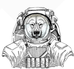 Polar bear head. Wild astronaut animal in spacesuit. Deep space. Galaxy. Vector animal portrait.