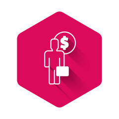 White Business man planning mind icon isolated with long shadow background. Human head with dollar. Idea to earn money. Business investment growth. Pink hexagon button. Vector