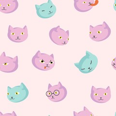 seamless Pattern with different cats heads isolated on pink background. Emotions, characters. Pink and turquoise colors. Textile, paper, walls design. Vector illustration.