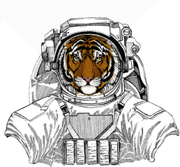 Vector tiger portrait. Animal head. Wild astronaut animal in spacesuit. Deep space. Galaxy. © helen_f