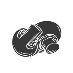 Champignon mushroom and slices glyph icon, vector cut monochrome badge. Tasty vegan ingredient isolated on white. Eco appetizing fungus, design element for food wrapping.