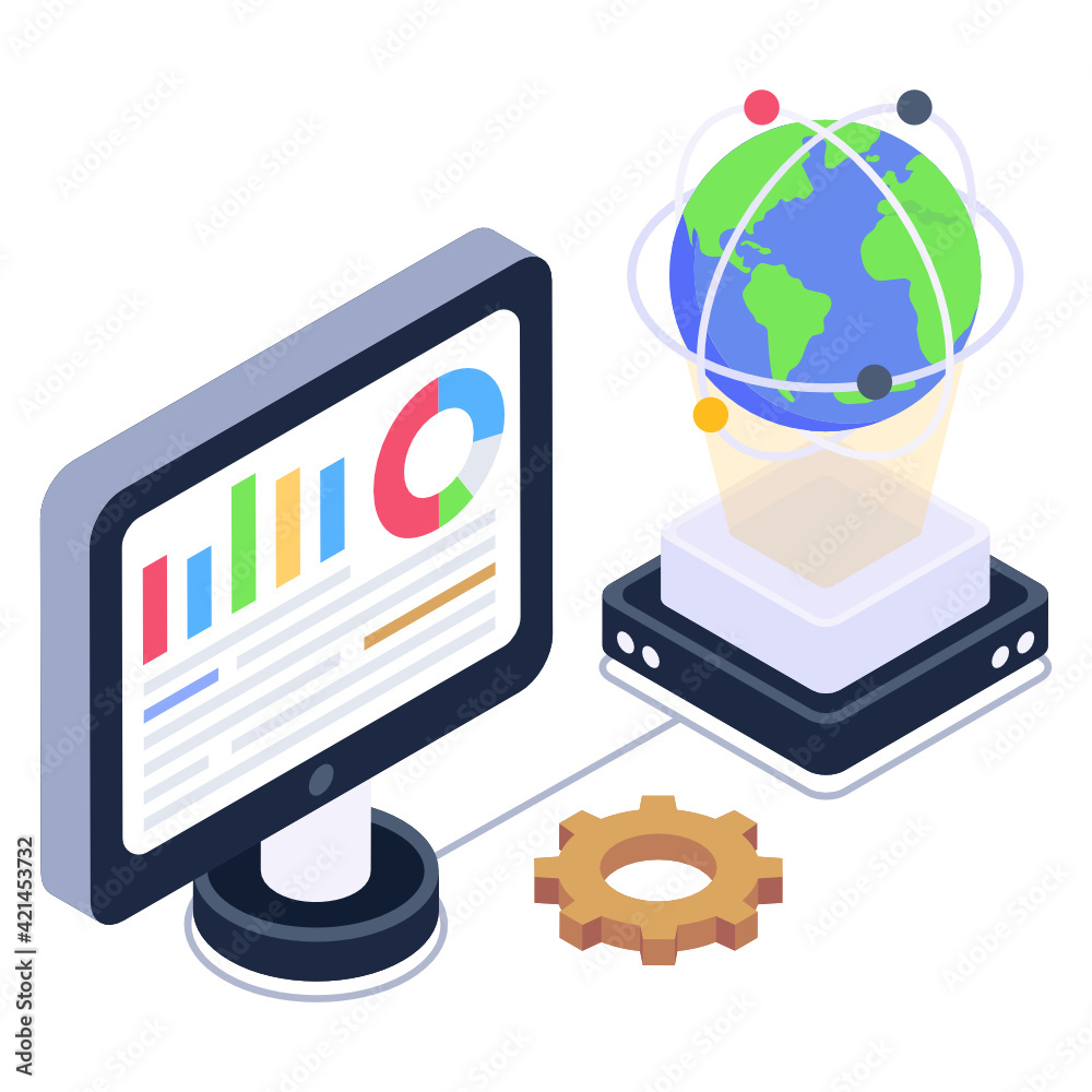 Wall mural charts inside monitor denoting isometric icon of data science