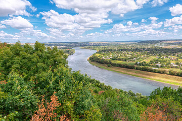 Scenic view of Dnister River in Moldova . Aerial view of village situated at the riverside . Low...