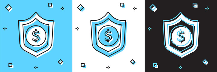 Set Shield with dollar symbol icon isolated on blue and white, black background. Security shield protection. Money security concept. Vector