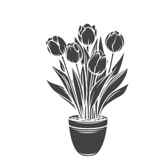 Tulips in a pot glyph icon, vector cut monochrome badge. Garden flowers for gardening desing priduction.