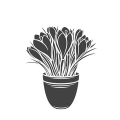Crocus in a pot glyph icon, vector cut monochrome badge. Garden flowers for gardening desing priduction. Garden tools illustration.