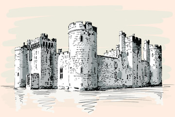 Medieval stone castle with towers and arches on the sea shore.