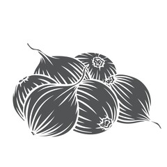 Pile of onion bulbs glyph icon, vector cut monochrome badge. Engraved onion vegetables, farm product