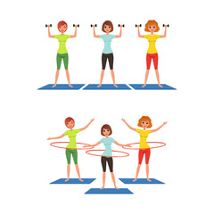 Young Female Hula Hooping and Lifting Dumbbells on Mat Vector Set