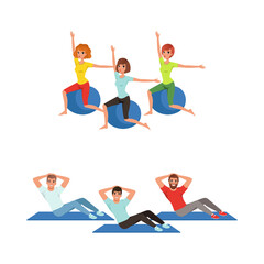 Young Male and Female Doing Physical Exercises on Mat During Aerobics Class Vector Set