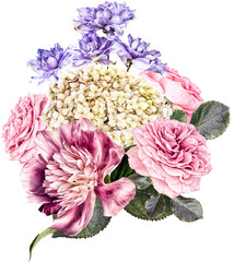 Beautiful bouquet of pink roses and coloured flowers on a white background soft and romantic vintage filter