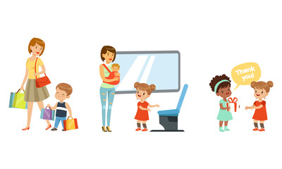 Polite Girl Yielding a Seat to Woman with Baby in Public Transport and Boy Carrying Shopping Bags Vector Illustration Set