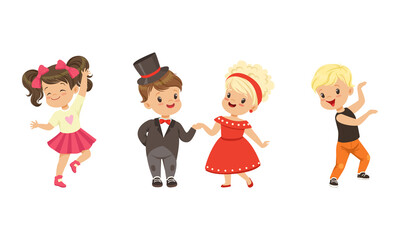 Little Boy and Girl Dancing in Pairs and Moving to Music Vector Illustration Set
