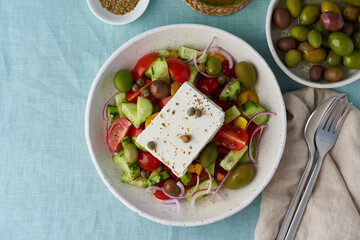 Greek village salad horiatiki with feta cheese and vegetables, vegeterian mediterranean food, low calories keto dieting meal