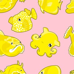 Pattern with Cute Yellow Sea animals on gray background. Vector illustration. Underwater life. Octopus, box fish, angel fish, Nudibranchs. Childish, kids.
