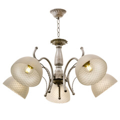 White with bronze patting five-lamp chandelier with bowl-shaped matt shades with a pattern in the form of a diagonal grid. Isolated on white background