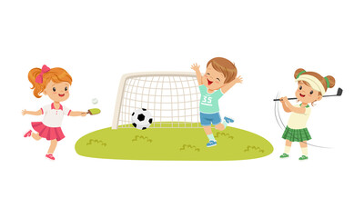 Pretty Little Boy and Girl Playing Sport Game Vector Set