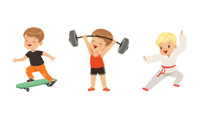 Pretty Little Boy Doing Sport Activity and Playing Sport Game Vector Set