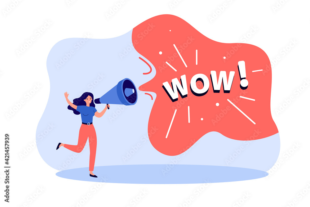 Wall mural woman shouting wow message into loudspeaker. person with megaphone attracting attention flat vector 