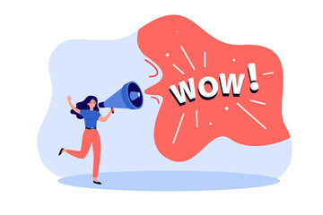 Woman shouting wow message into loudspeaker. Person with megaphone attracting attention flat vector illustration. Business advertising, information concept for banner or landing web page - obrazy, fototapety, plakaty