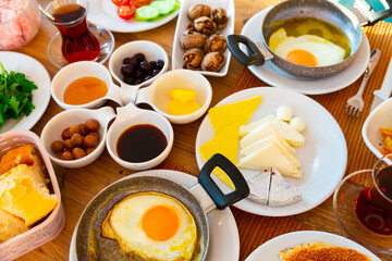 Obraz na płótnie Canvas Composition with breakfast on the table. Halal turkish breakfast