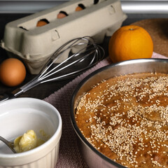 Homemade organic orange pie with sesame seeds and whole grain flour. Healthy organic homemade dessert