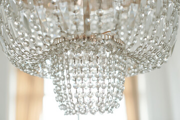 Beautiful golden Classic Crystal Chandelier Close Up. Selective focus.