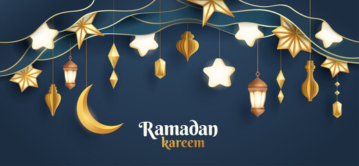 Ramadan Kareem paper graphic of islamic festival design with crescent moon and islamic decorations.