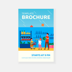 Children and dad buying healthy food in supermarket. Fresh fruit, vegetables, organic products. Flat vector illustration. Farm market, shopping concept for banner, website design or landing web page