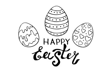 Happy Easter- inscription and simple contour drawing of decorated eggs in the style of doodles. Vector template for greeting card, invitation, poster, holiday coloring pages