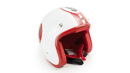 Headshot isolated White vintage helmet with red stripes, number 9. The inside is covered with red mesh cloth. Suitable for riding a classic motorcycle.