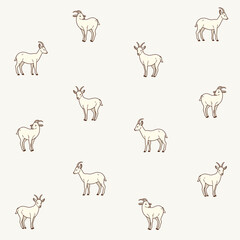 Cartoon goat - seamless trendy pattern with animal in various poses. Contour vector illustration for prints, clothing, packaging and postcards.