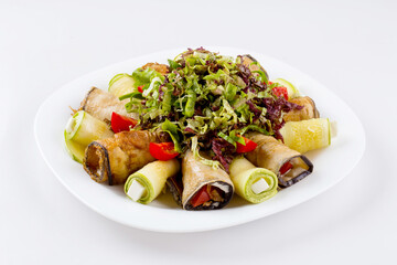 Isolated eggplant and squash rolls appetizer platter