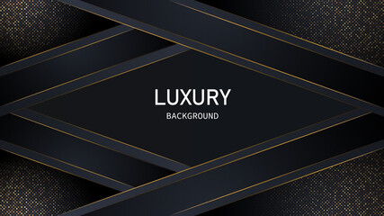 Dark abstract background with black overlap layers. Realistic texture with light effect and golden glitters dots element decoration.