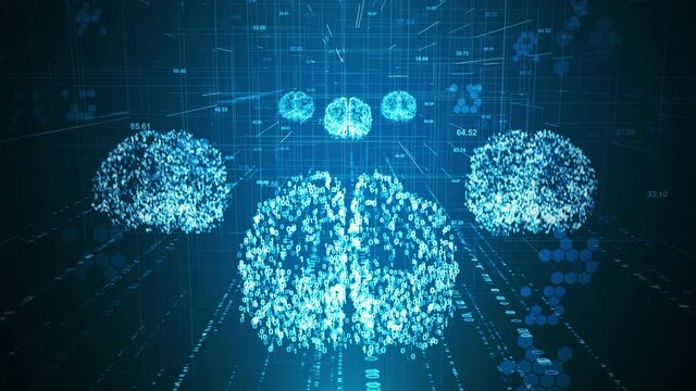 Digital network technology deep learning animation concept. Abstract coding digit brain perspective motion graphic seamless looping grid background.