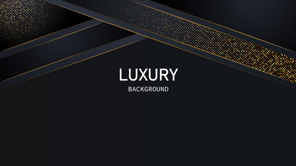 Dark abstract background with black overlap layers. Realistic texture with light effect and golden glitters dots element decoration.