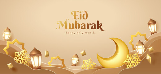 Eid Mubarak paper graphic of islamic festival design with crescent moon and islamic decorations. © ori-artiste