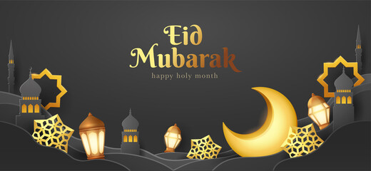 Eid Mubarak paper graphic of islamic festival design with crescent moon and islamic decorations.