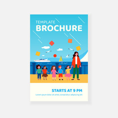 Diverse group of kids and teacher walking on promenade at sea. Schoolchildren, childhood, seaside. Flat vector illustration. Leisure at sea concept for banner, website design or landing web page
