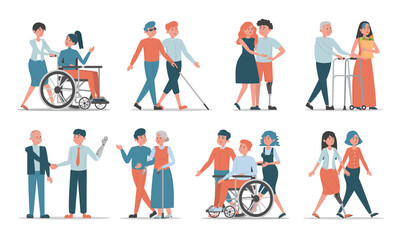 Fototapeta na wymiar Set of disabled people with friends and family vector isolated. Idea of help and support. Happy characters spend time together. People with disability communicate othe people.