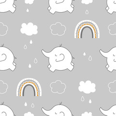Cute childish seamless pattern with elephant, rainbow and clouds in the sky on gray background.