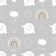 Tapeten Nettes kindisches nahtloses Muster mit Elefanten, Regenbogen und Wolken am Himmel auf grauem Hintergrund. © julikul8931