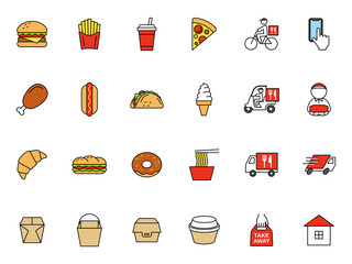 Fast food delivery vector icon ファーストフードとデリバリーのアイコンセット