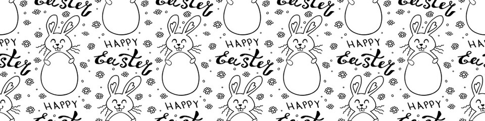 Seamless pattern with cute funny contoured bunnies with eggs and Happy Easter lettering. Vector hand drawn outline doodle illustration. Holidays backgrounds, templates and textures