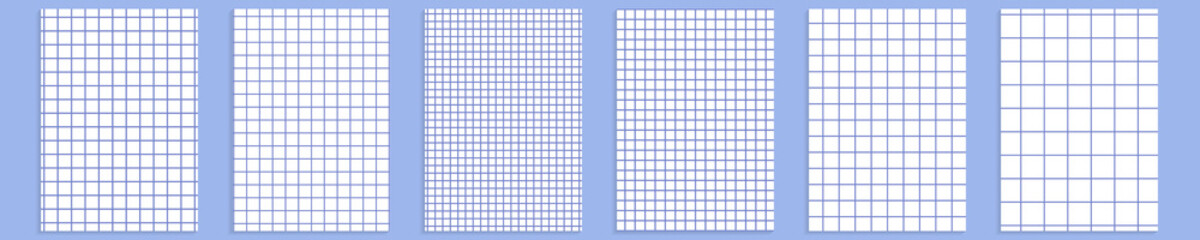 Fototapeta premium Grid paper set. Abstract squared background with color graph. Geometric pattern for school, wallpaper, textures, notebook. Lined blank A4 isolated on transparent background. Millimeter graph grid.