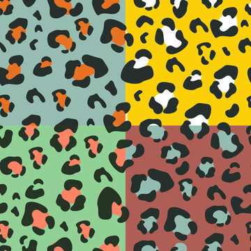A set of seamless patterns with a leopard print on a colored background. Vector illustration for printing on fabric, wallpaper, packaging paper, clothing. Cute baby background.